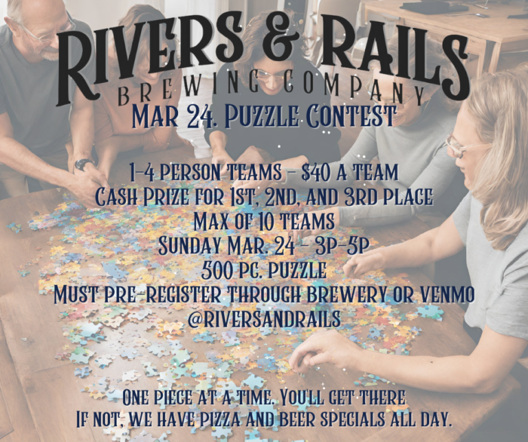 One piece at a time. You'll get there Rivers and Rails Puzzle Contest 1-4 person teams $40 a team Cash Prizes for 1st place (Facebook Post)